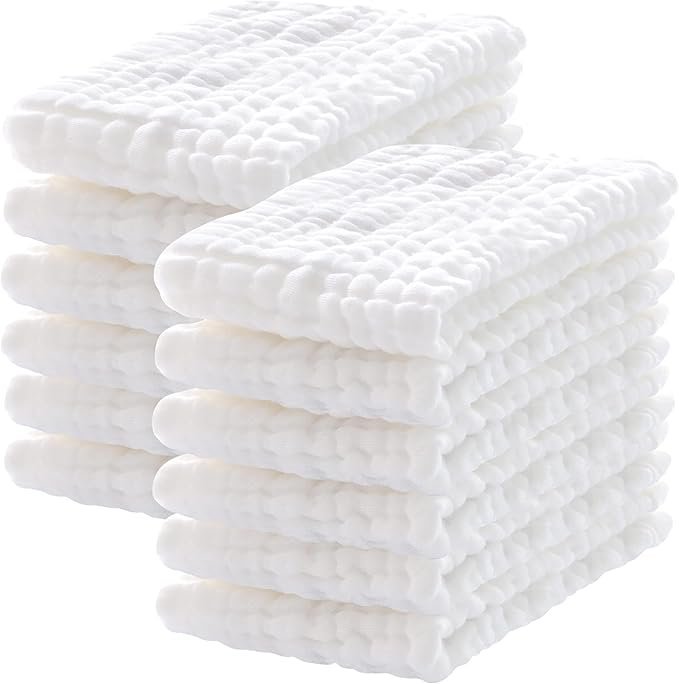 12-Pack Muslin Burp Cloths – 100% Cotton, Extra Soft & Absorbent, 20"x10"